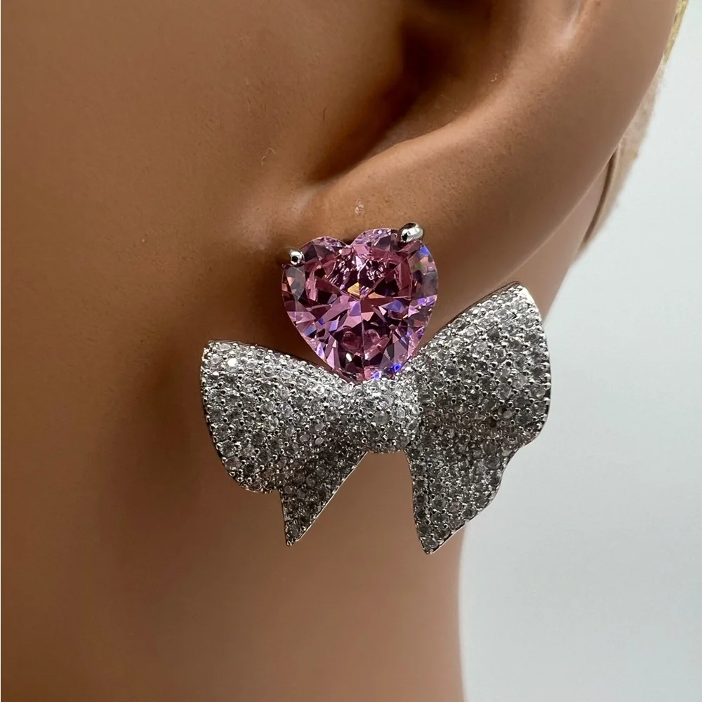 Pink Heart Bow Zircon Silver Earrings